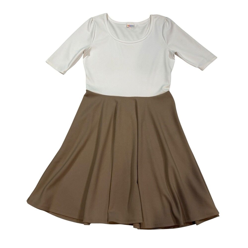 LuLaRoe Amelia Dress XL Cream Brown Colorblock Fit Flare Textured Stretch USA